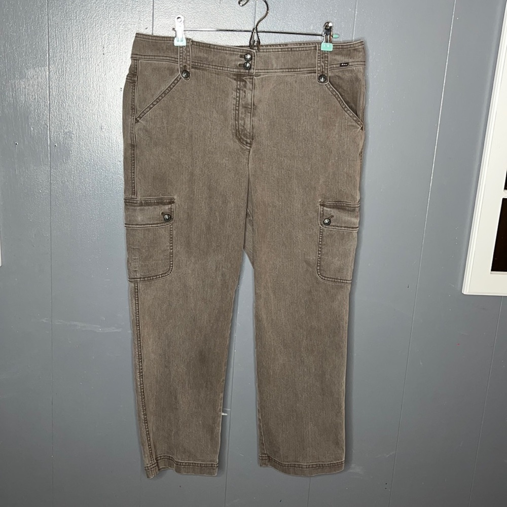 St. John Green Cargo Pants‎ Straight Crop Jeans Cotton Stretch Size 14 High Rise - Picture 9 of 9